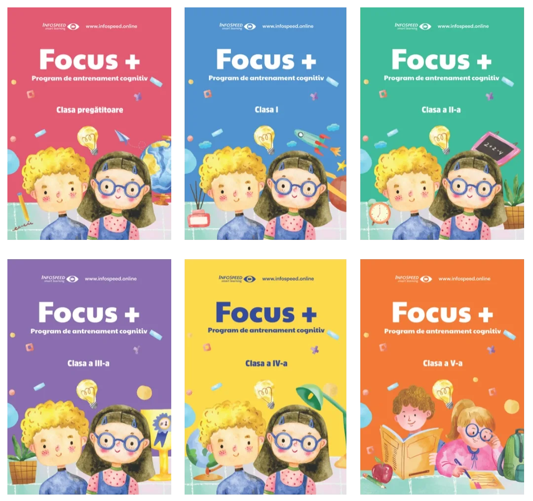 Coperțile manualelor Focus Plus, câte unul pentru fiecare clasă